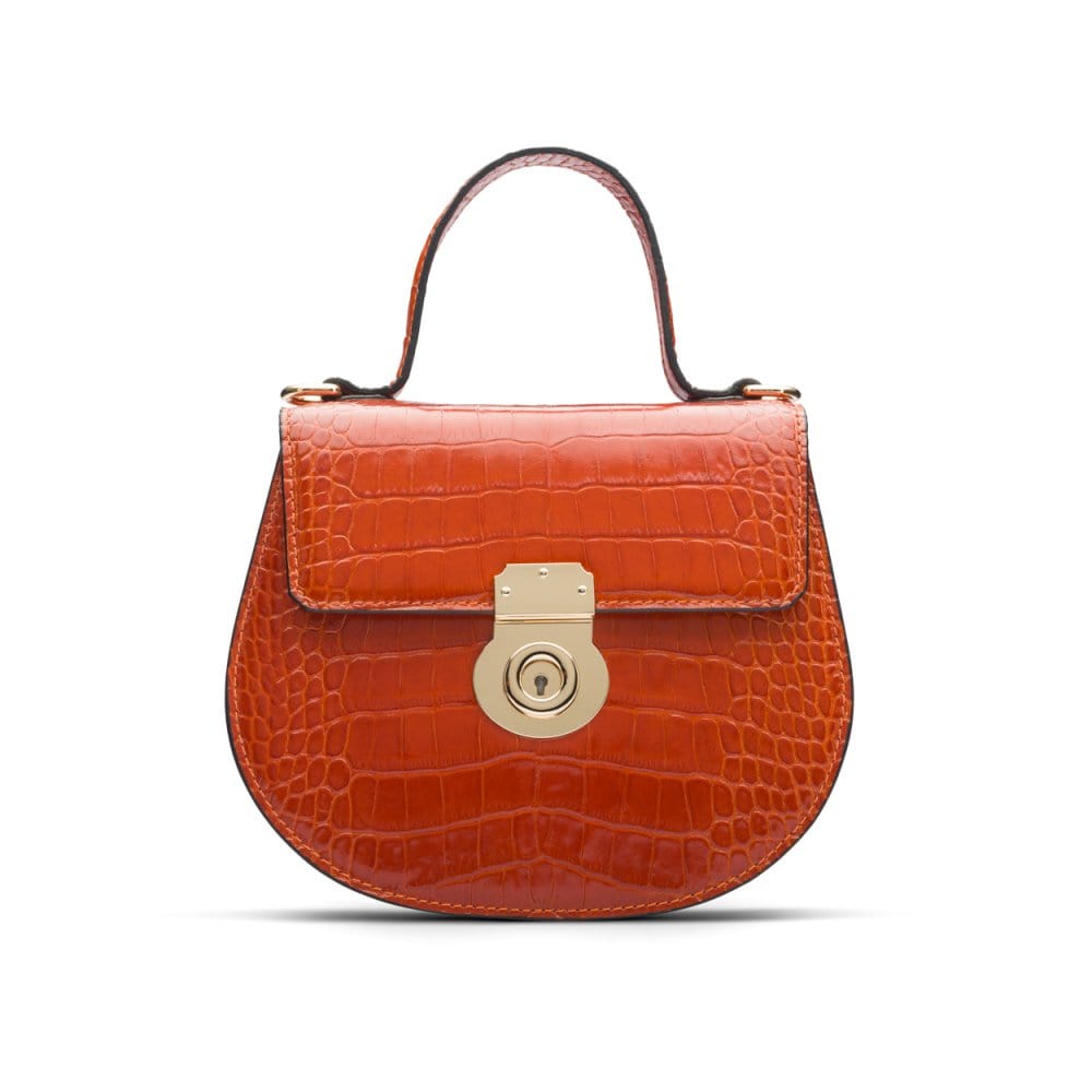 Leather rounded bottom top handle bag, orange croc, front
