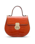 Leather rounded bottom top handle bag, orange croc, front