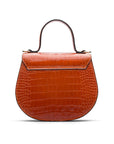 Leather rounded bottom top handle bag, orange croc, back