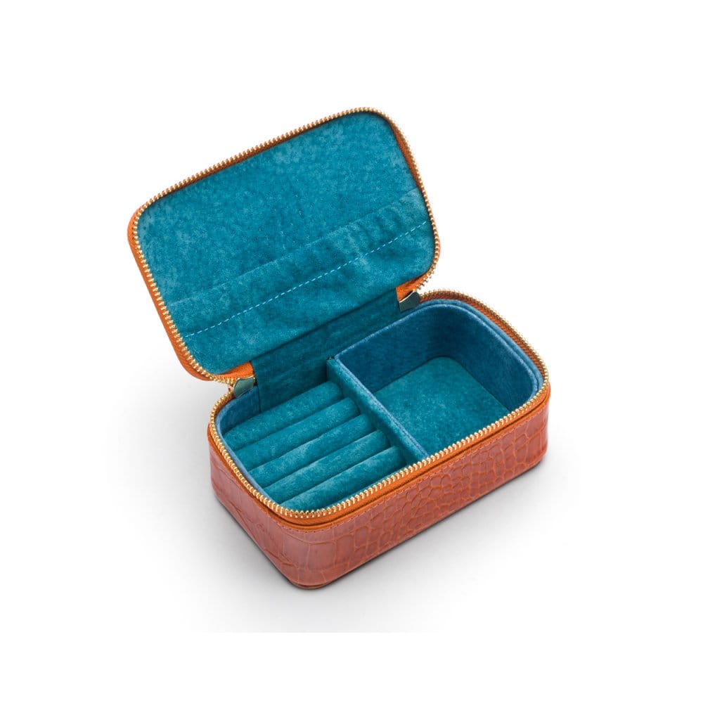 Zip around jewellery case, orange croc, open