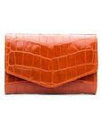 Small leather concertina purse, orange croc, front