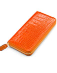 Tall leather zip around accordion purse, orange croc, front