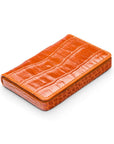 Leather business card holder with magnetic closure, orange croc, side