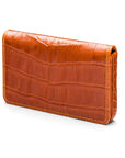 Leather business card holder with magnetic closure, orange croc, front