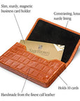 Leather business card holder with magnetic closure, orange croc, features
