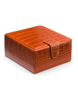 Compact leather jewellery box, orange croc, front