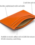 Flat leather credit card wallet 4 CC, orange, features