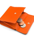 Women's leather purse with 6 cards and coins, orange, open view