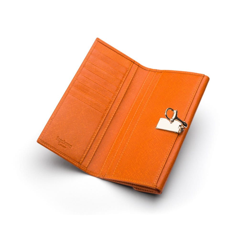Orange Ladies Tall Leather Purse With Brass Clasp 8 CC