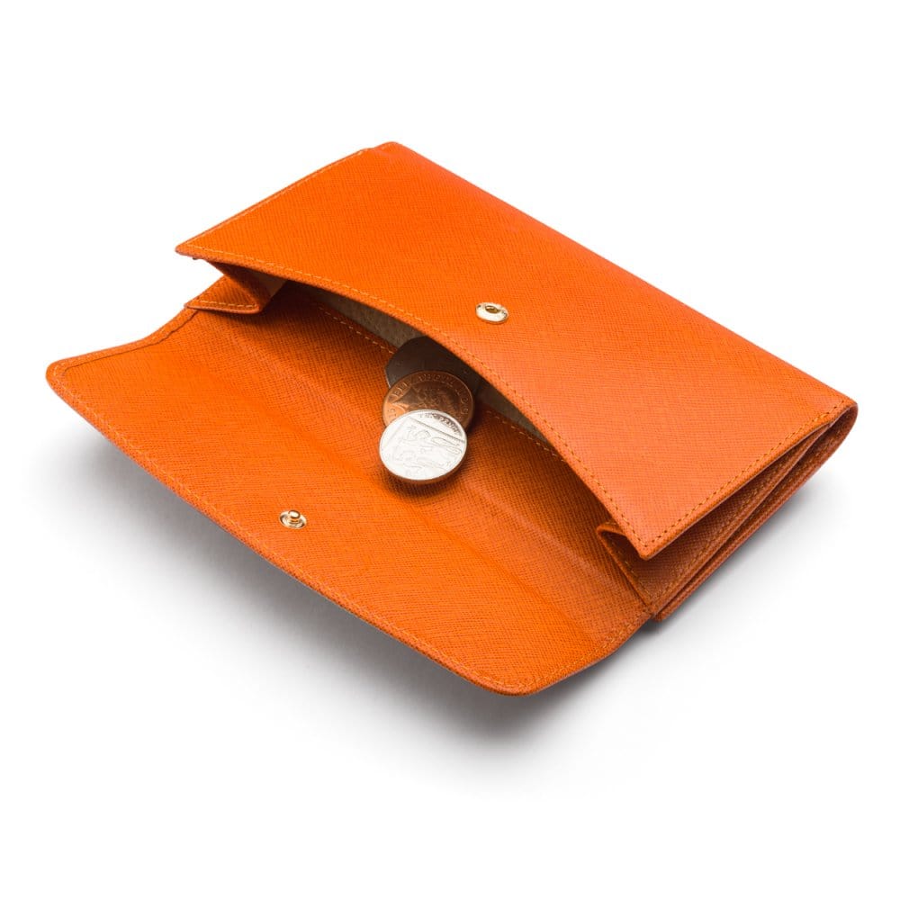 Orange Ladies Tall Leather Purse With Brass Clasp 8 CC