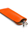Large leather glasses case, orange, open