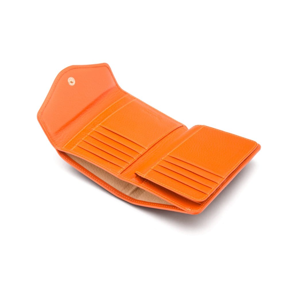 Large leather purse with 15 CC, orange, open