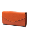 Leather accordion clutch purse with 12 card slots, orange saffiano, front