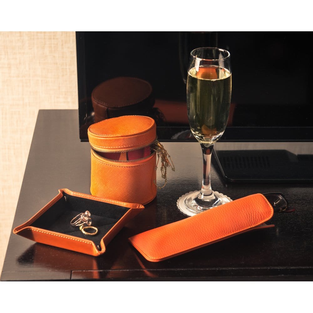 Orange Leather Cylindrical Jewellery Case