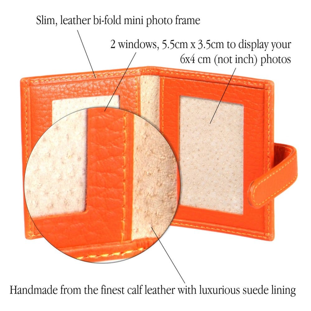 Mini leather passport photo frame, orange, 60 x 40mm, features