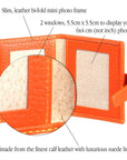 Mini leather passport photo frame, orange, 60 x 40mm, features