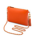 Leather cross body bag with chain strap, orange