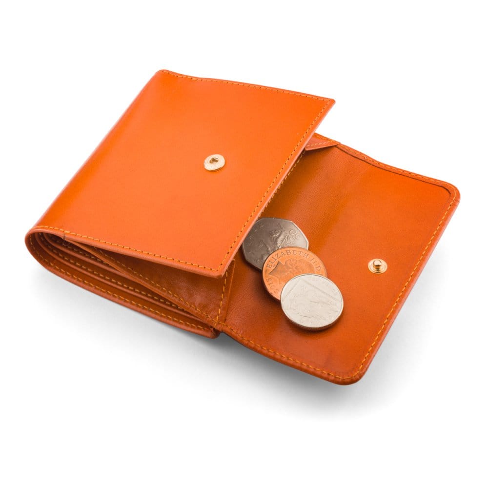 Leather purse with brass clasp, orange, open