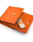 Leather purse with brass clasp, orange, open