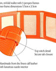 Mini leather trifold photo frame, orange, 60 x 40mm, features