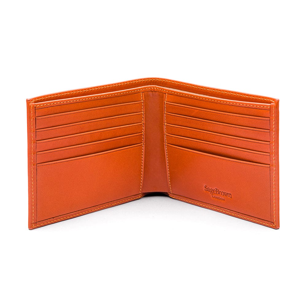 Men's leather billfold wallet, orange, open