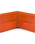 Men's leather billfold wallet, orange, open
