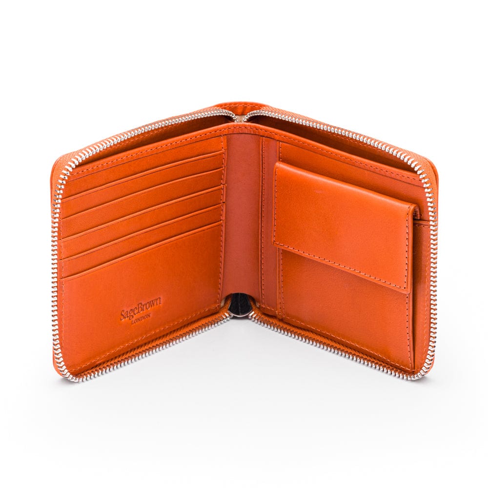 Men's leather zip wallet with coin purse, orange, open