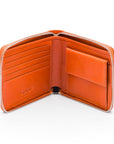 Men's leather zip wallet with coin purse, orange, open