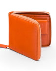 Men's leather zip wallet with coin purse, orange, front view