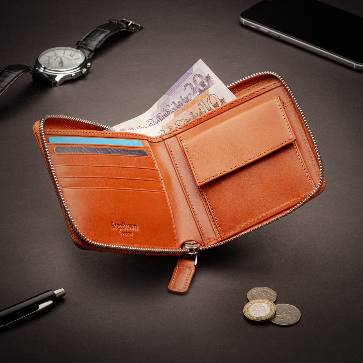 Men's leather zip wallet with coin purse, orange, lifestyle