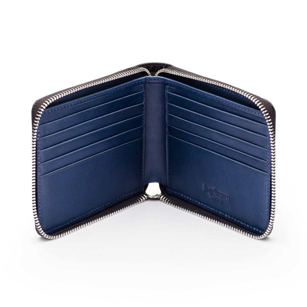 Men's leather wallet with zip around closure, black with cobalt, open