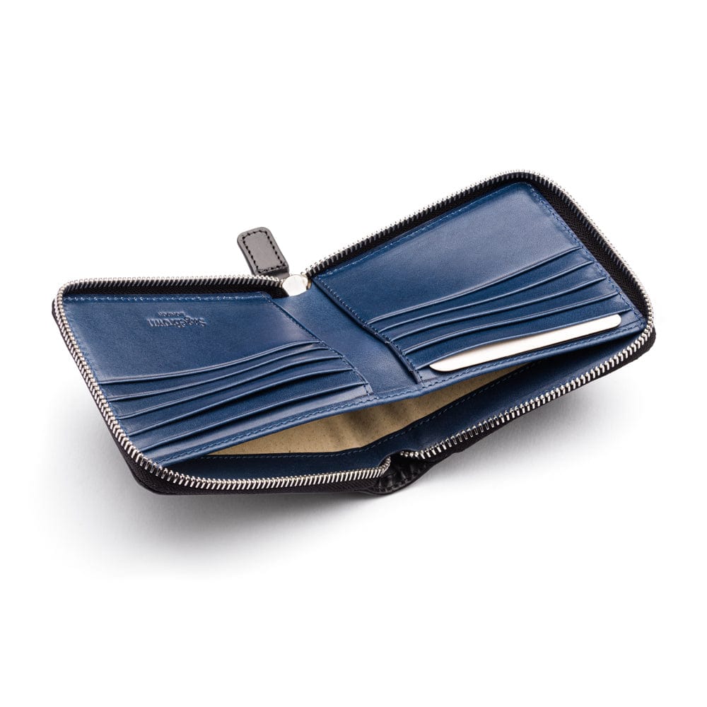 Men's leather wallet with zip around closure, black with cobalt, inside