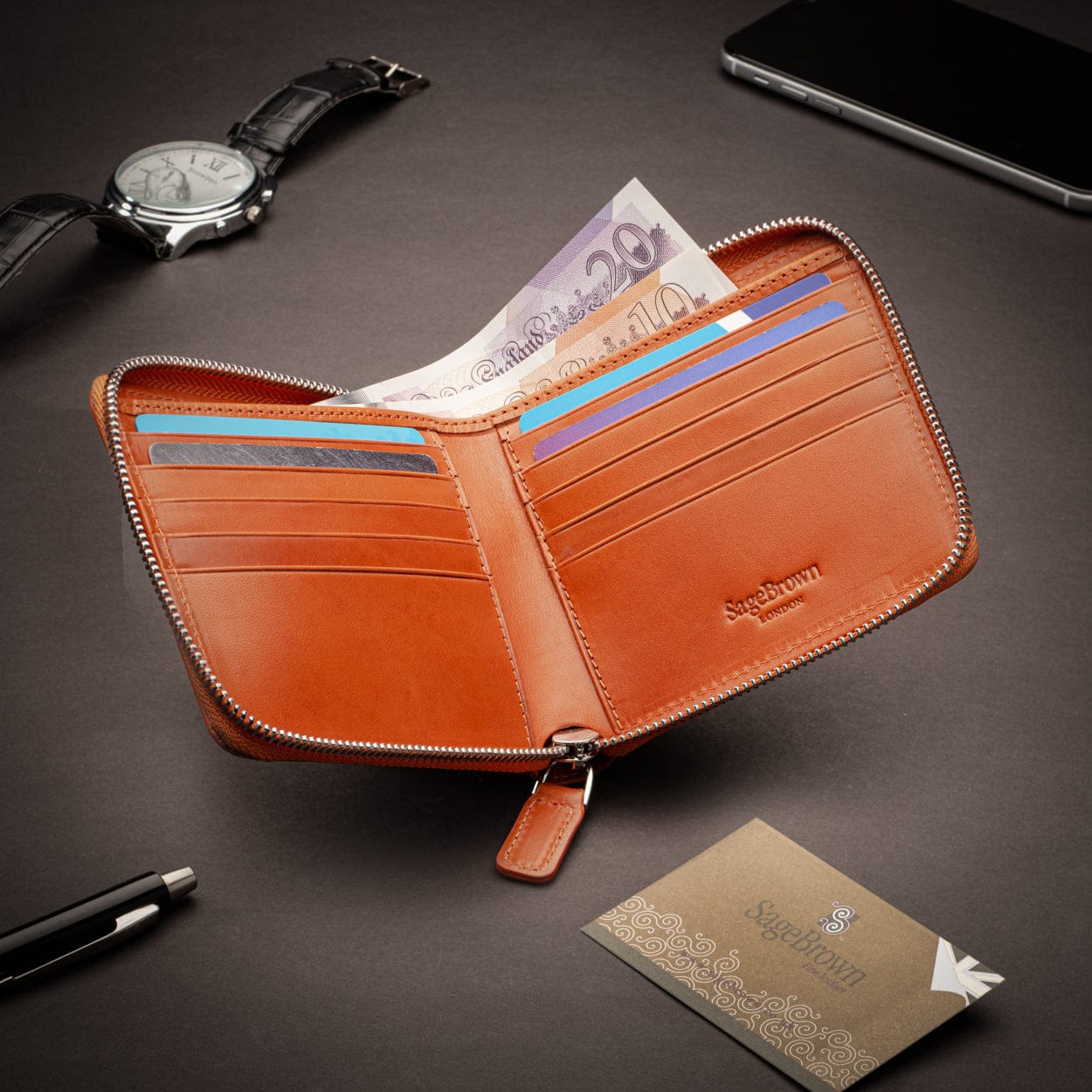 Men's leather wallet with zip around closure, brown with orange, lifetstyle
