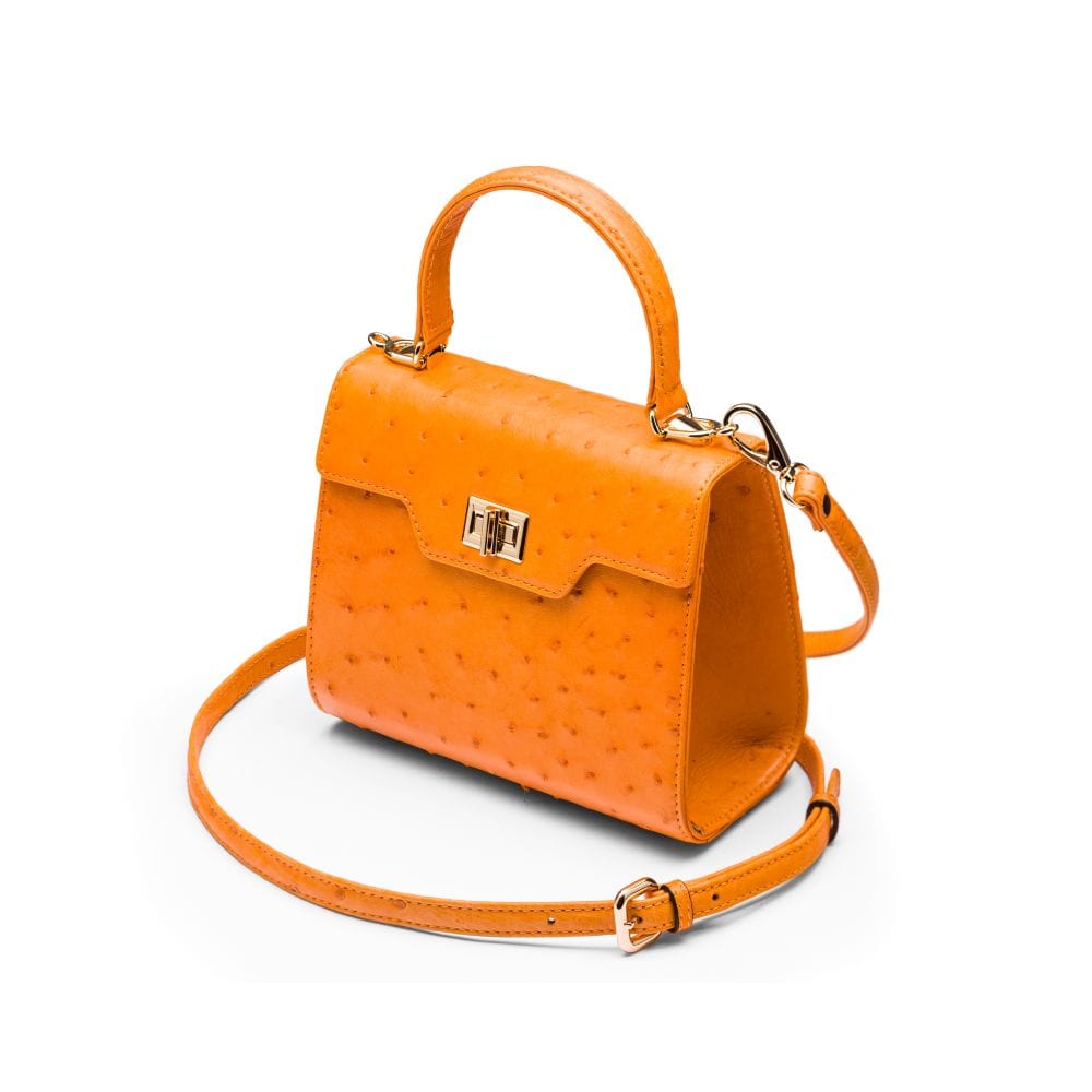 Mini ostrich leather Morgan Bag, top handle bag, orange, side view