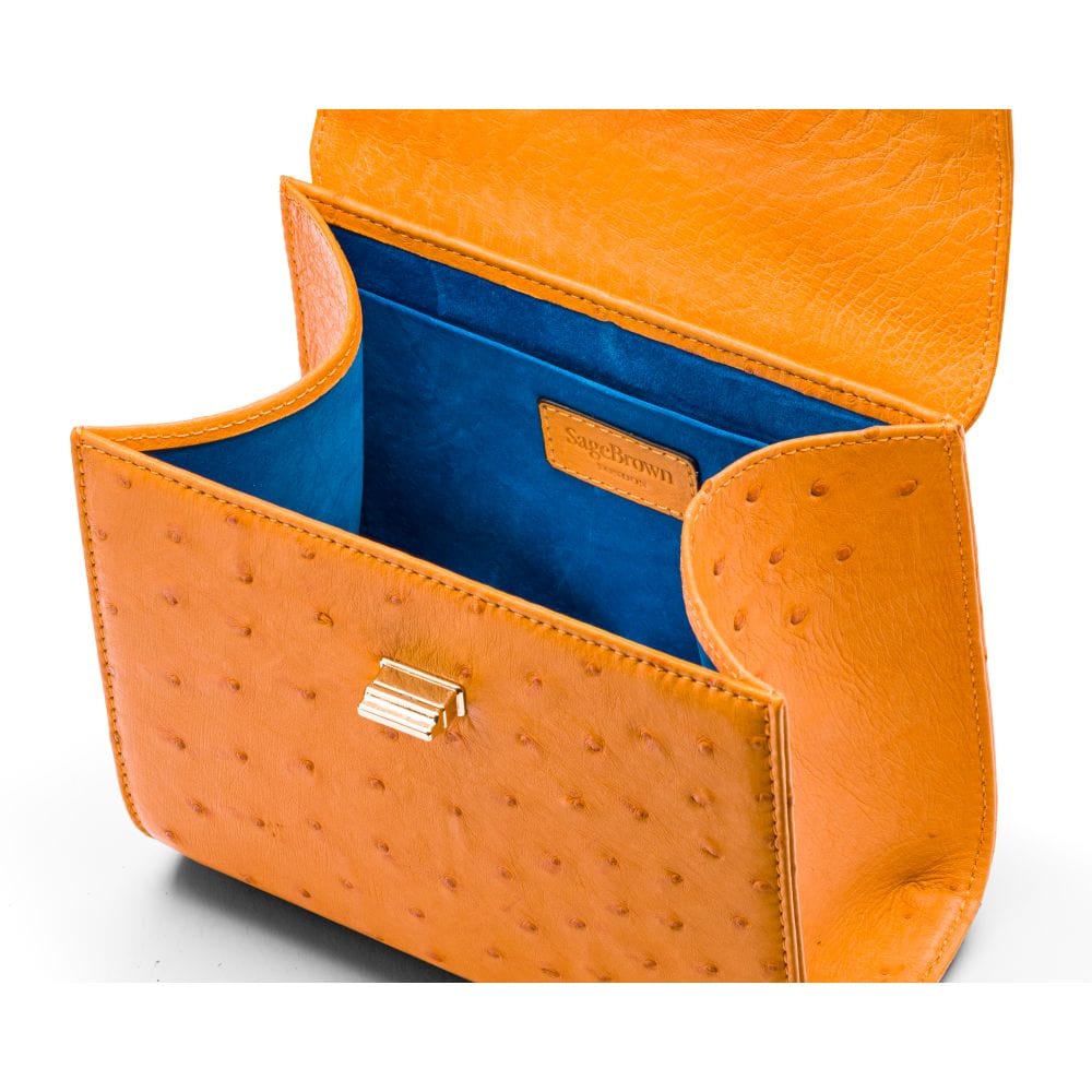 Mini ostrich leather Morgan Bag, top handle bag, orange, inside
