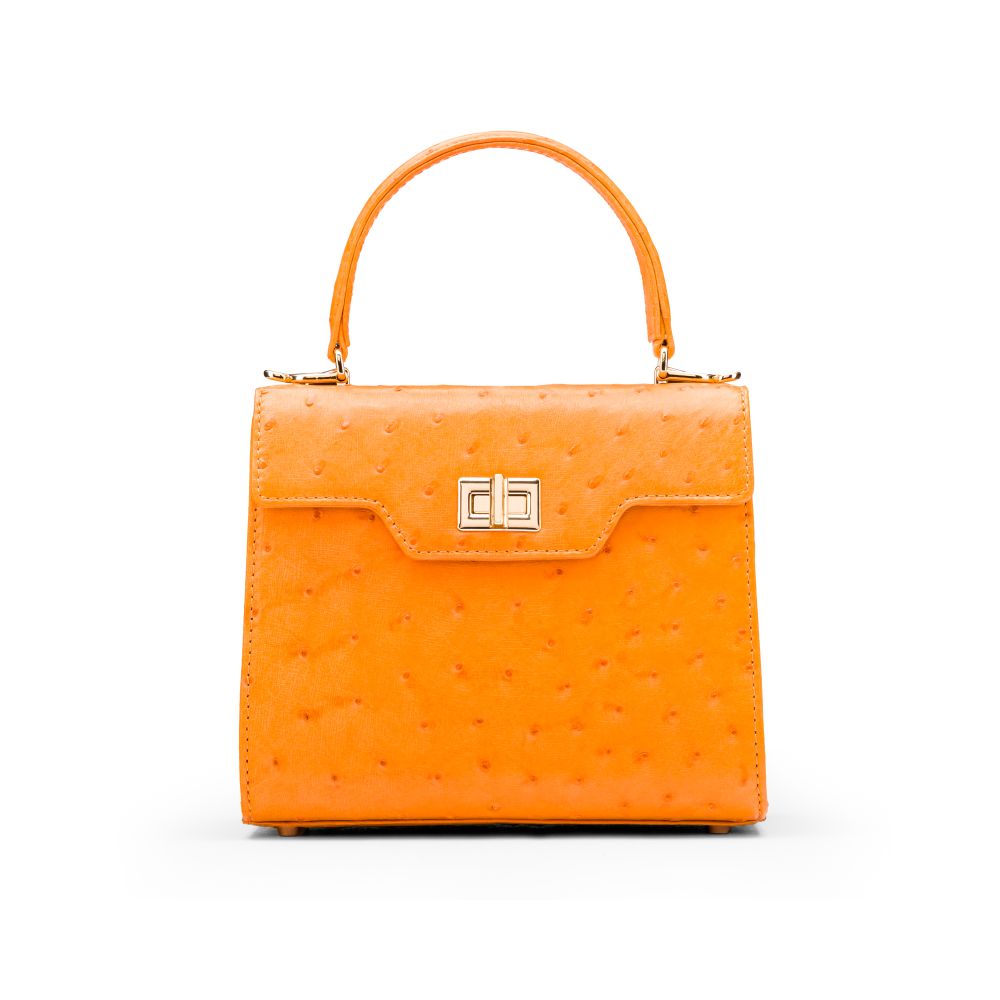 Mini ostrich leather Morgan Bag, top handle bag, orange, front