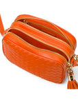 Woven leather camera bag, orange, inside