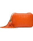 Woven leather camera bag, orange, front