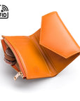 RFID blocking leather envelope purse, orange, open view