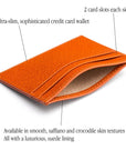Flat leather credit card wallet 4 CC, orange saffiano, features