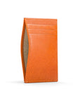 Flat leather credit card holder with middle pocket, 5 CC slots, orange saffiano, front