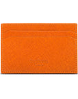 Flat leather credit card holder with middle pocket, 5 CC slots, orange saffiano, back