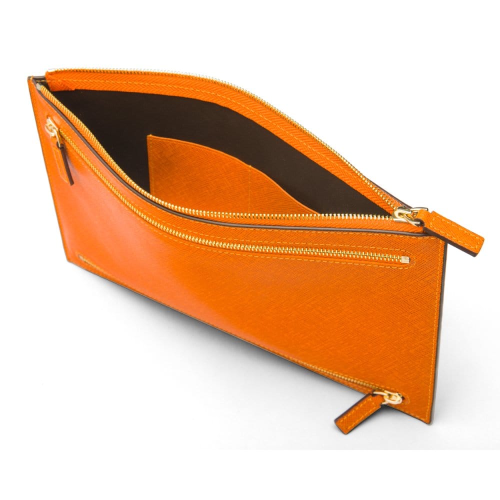 Leather travel document and currency case, orange, inside