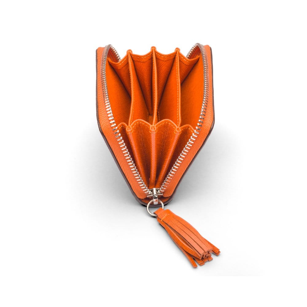 Orange Saffiano Zip Around Accordion Coin Purse With Tassel
