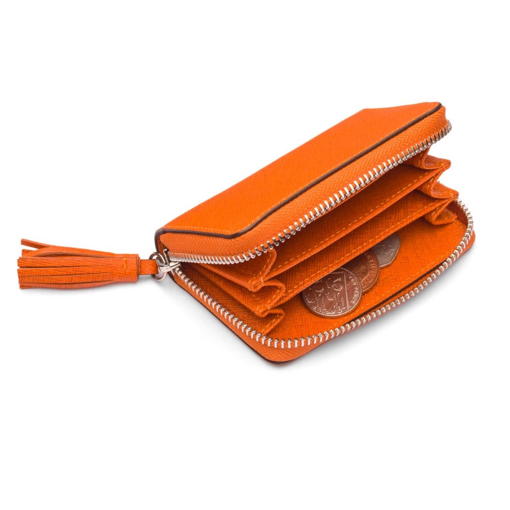 Orange Saffiano Zip Around Accordion Coin Purse With Tassel