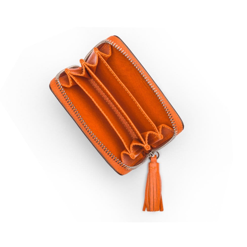 Orange Saffiano Zip Around Accordion Coin Purse With Tassel
