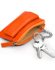 Small leather zip coin purse, orange, with key chain