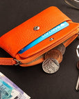 Small leather zip coin purse, orange, lifestyle