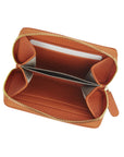 Small leather zip around coin purse, orange, open