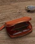 Small leather zip around coin purse, orange, lifestyle